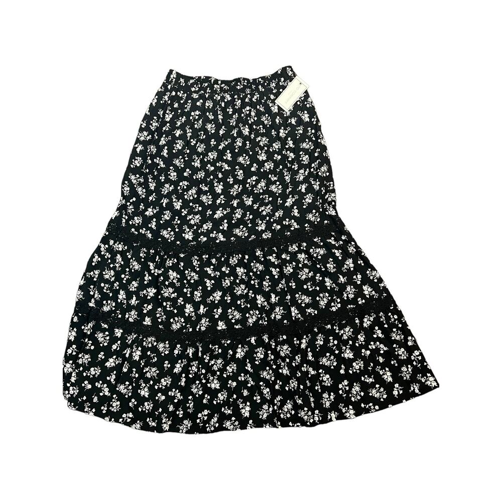 No Comment NWT Tiered Maxi Skirt Womens Large Black Floral Boho Skirt Cottage - Picture 4 of 7